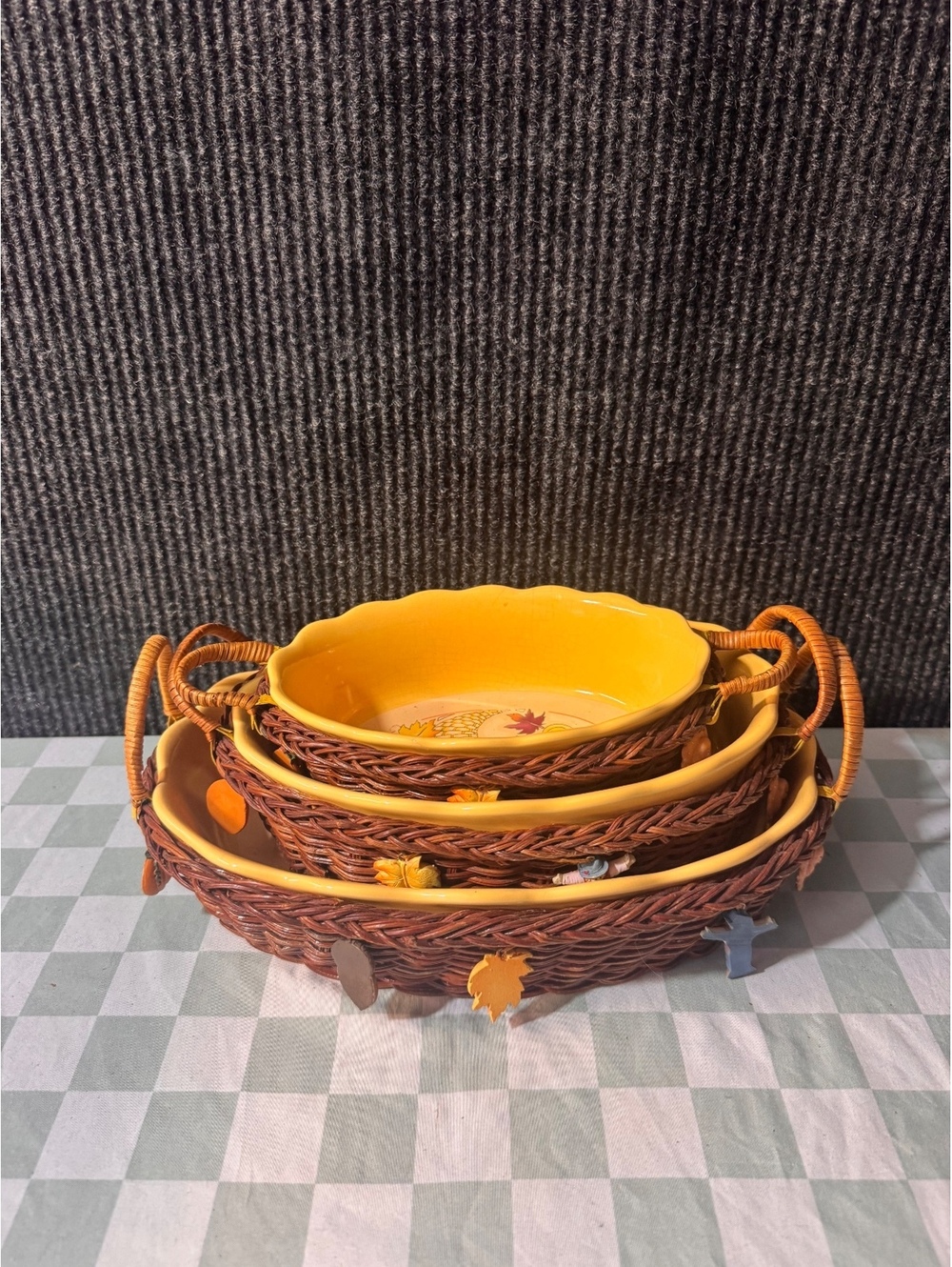 Set of 3 Ceramic and Wicker Autumn Harvest Serving Bowls